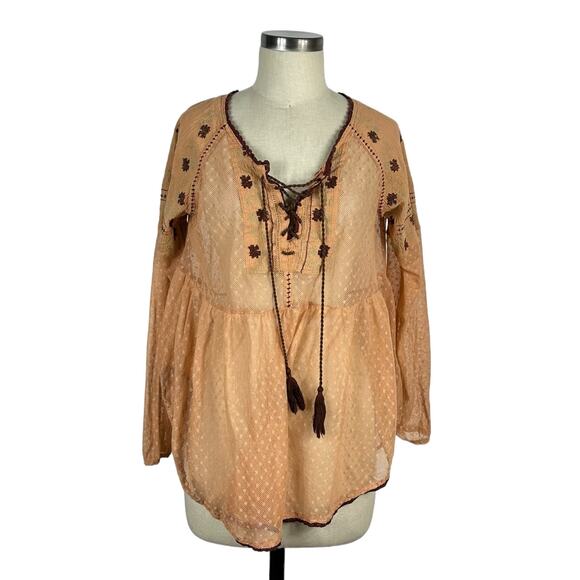 FREE PEOPLE Roses Are Red Peasant Top Sheer Tasseled Embroidered Lace Size Med - Picture 1 of 6